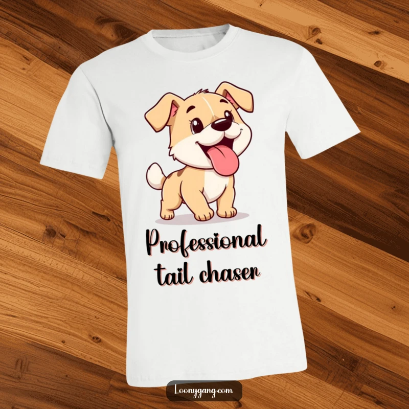 Funny cartoon dog, tongue out, in a frantic chase after its own tail, printed on a humorous t-shirt.