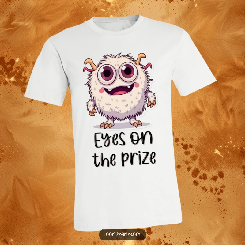 Funny fuzzy monster with too many eyes hilariously tripping over its feet, printed on a comical t-shirt.