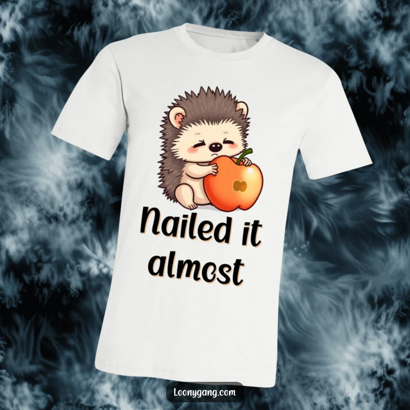 Funny hedgehog cub struggling to balance an apple, showcasing a relatable moment of bewilderment on this t-shirt.