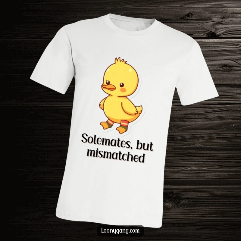 Funny bright yellow duckling t-shirt featuring distinct mismatched socks, capturing a moment of playful individuality and charm. A funny statement piece.