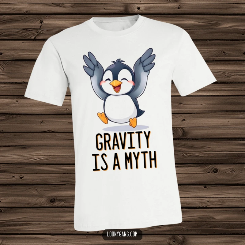 A comical t-shirt featuring a funny penguin cub vigorously flapping its wings in a determined attempt to fly.
