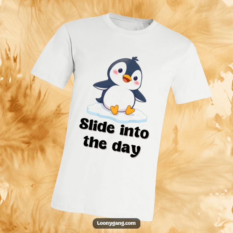 Funny penguin t-shirt showcasing a cartoon penguin in a hilarious slip on ice, perfect for a witty and humorous apparel choice.