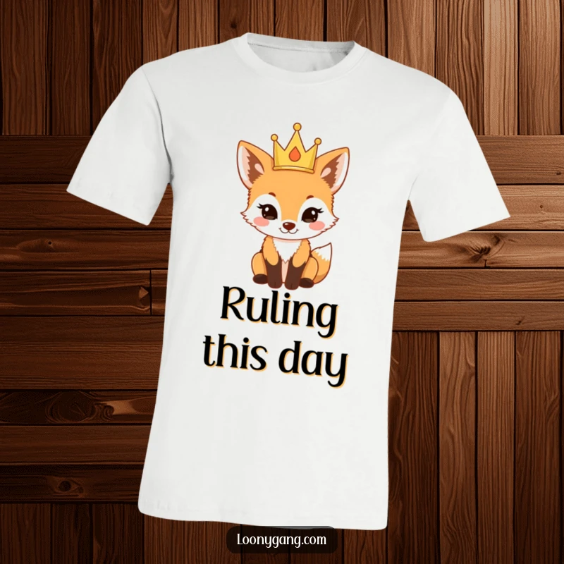 Funny fox cub wearing a tiny crown, looking exceptionally proud on a t-shirt, a delightful and funny gift.