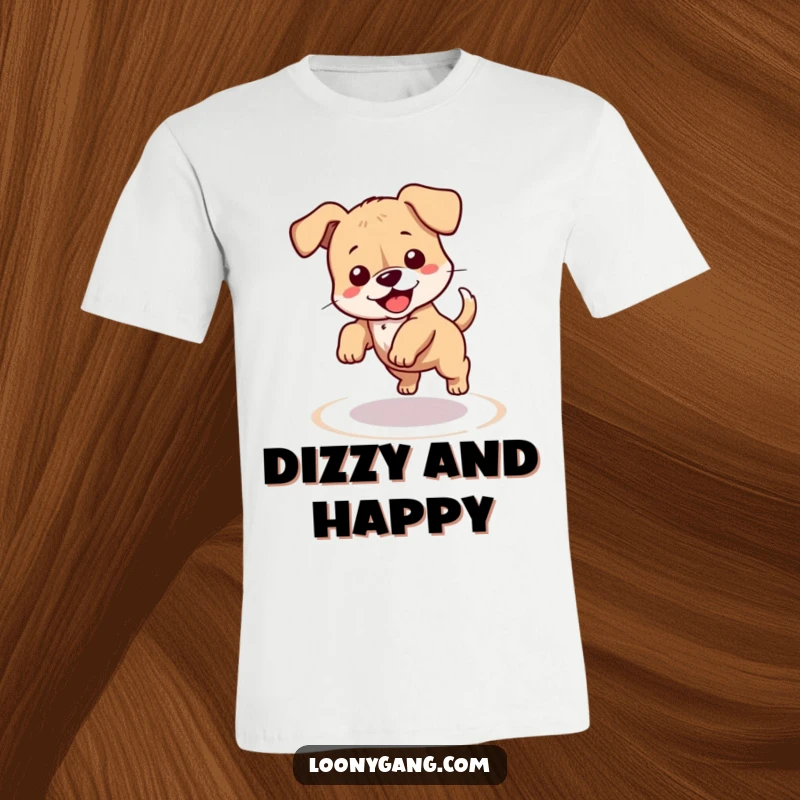 Funny puppy t-shirt depicting a clumsy dog hilariously spinning in a dizzy circle chasing its own tail. Great for dog lovers seeking funny and casual apparel.