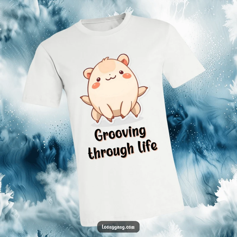 Funny smiling creature with six short legs wiggling rhythmically, happy t-shirt for parties.