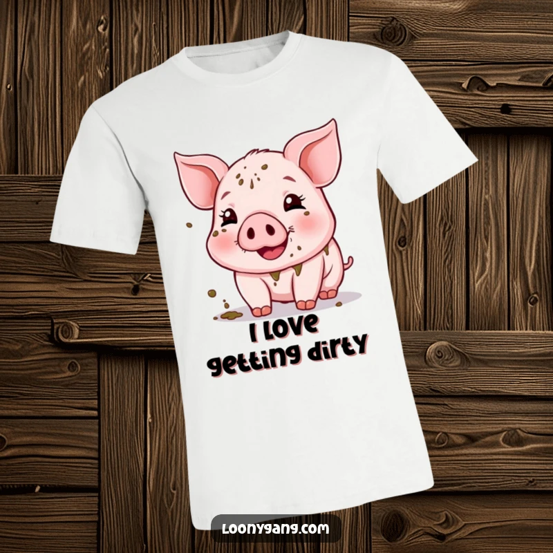 Funny Piglet T-Shirt with a cheerful, mud-splattered piglet expressing utter delight. A comfortable and humorous farm animal top.