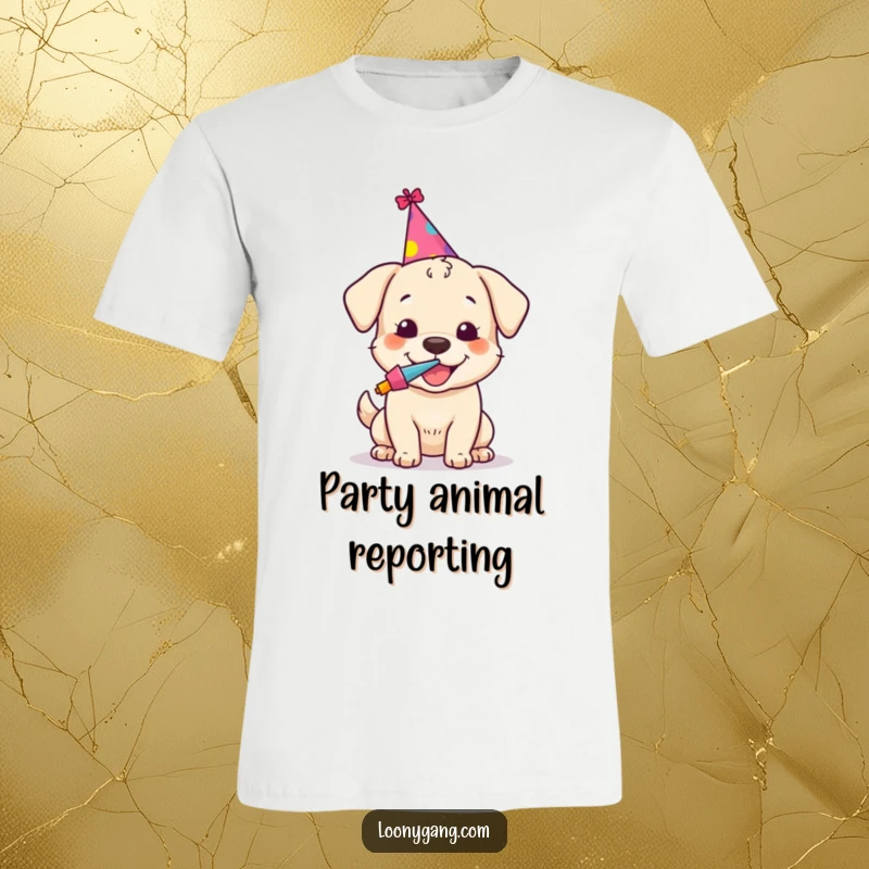 Funny t-shirt showing a happy dog wearing a small party hat and blowing a noisemaker, radiating festive energy.