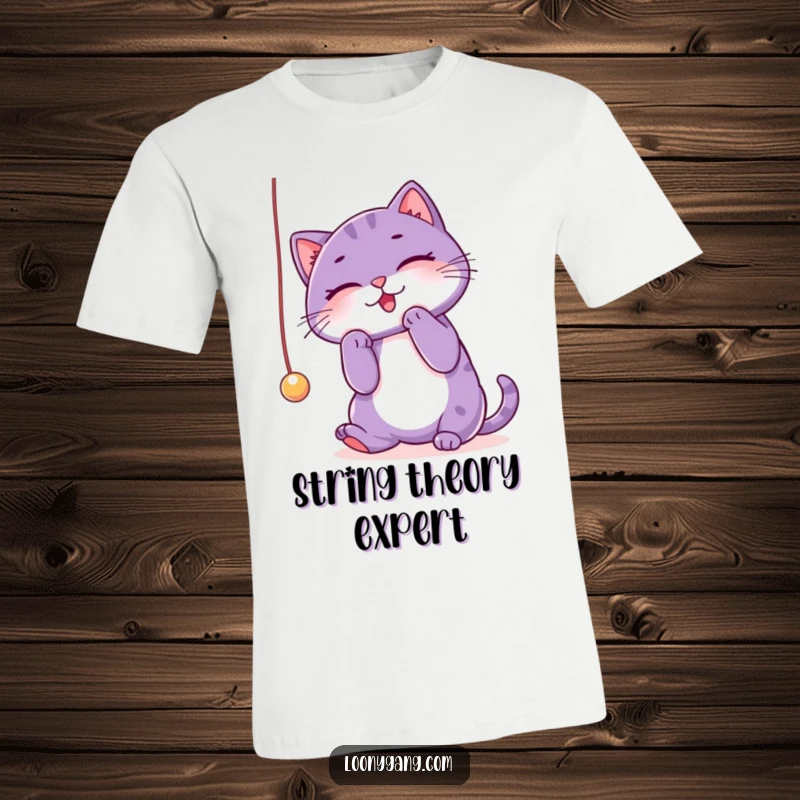 Funny purple cat t-shirt depicting a playful cat batting at a dangly string, full of energy and mischief. Great funny gift.