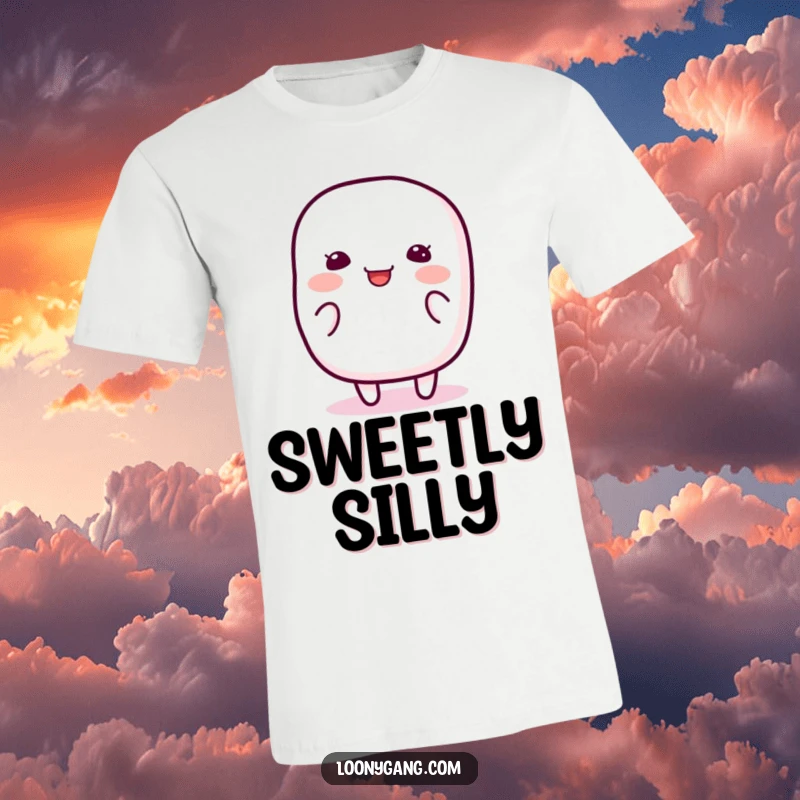Funny Marshmallow Wiggle T-Shirt depicting a happy, jiggly marshmallow creature wiggling with infectious glee and marshmallowy charm.
