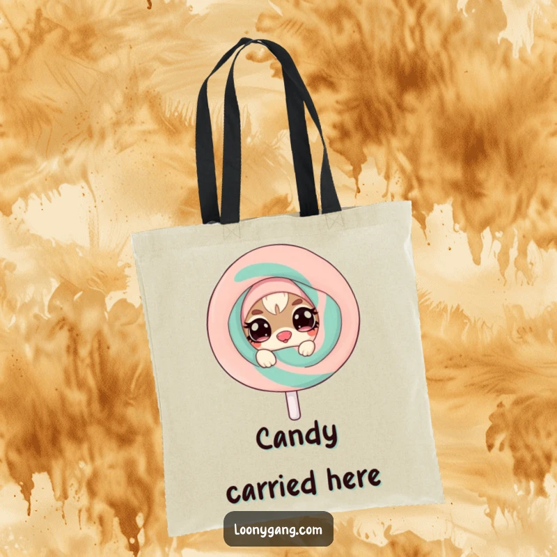 Funny tote bag showcasing a mischievous small creature with twinkling eyes peeking from behind a giant, wobbly lollipop, perfect for carrying goodies.