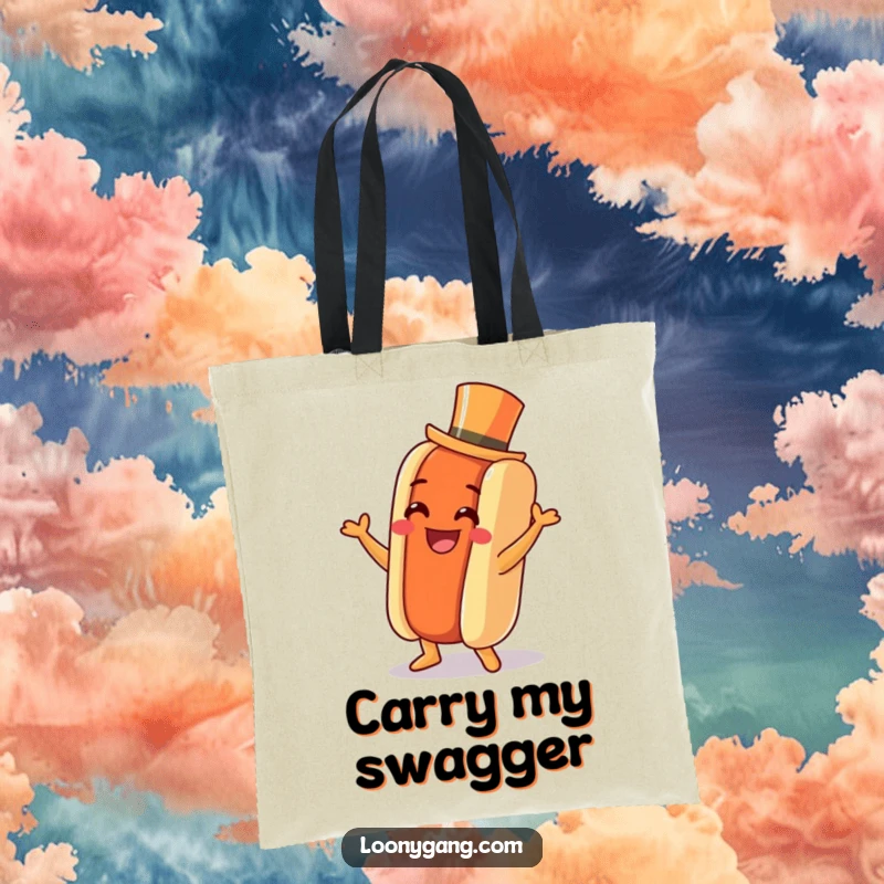 Funny Hot Dog Jig Tote Bag: A grinning hot dog with a tiny top hat dances a jig, perfect for carrying items with festive humor.