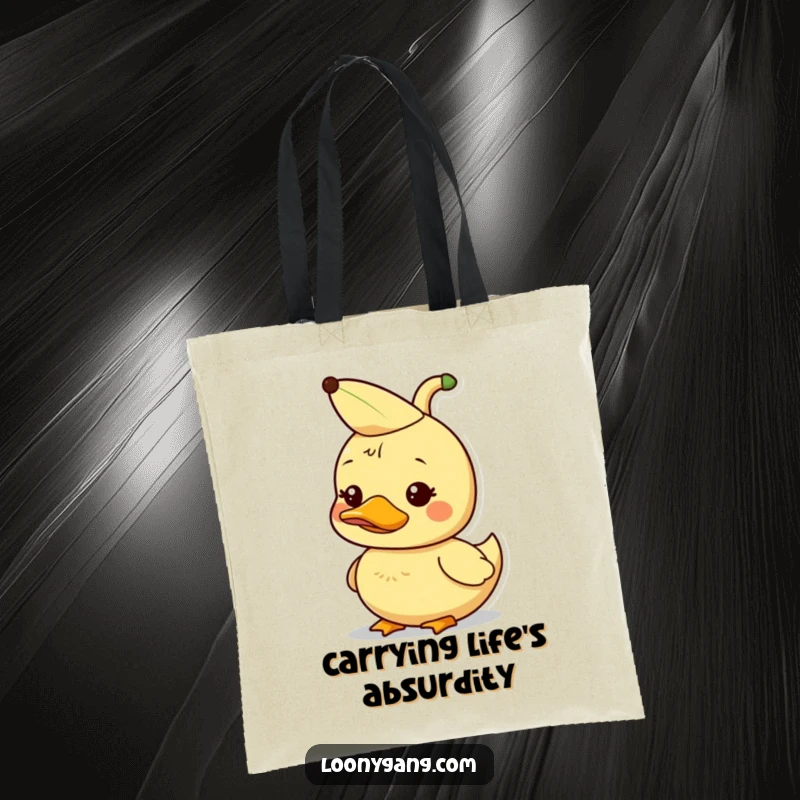 Funny dorky duckling with a banana peel on its head, cute tote bag, whimsical.