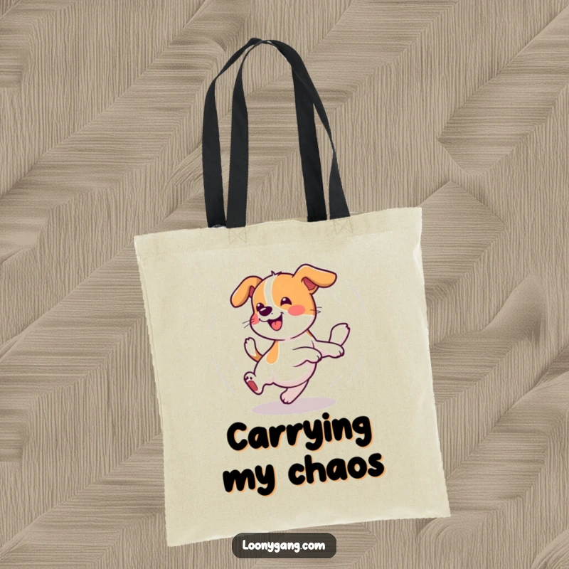 Funny Wobbly Dog Tote Bag with a dog spinning in a dizzy circle, perfect for carrying items with a humorous and playful canine theme.
