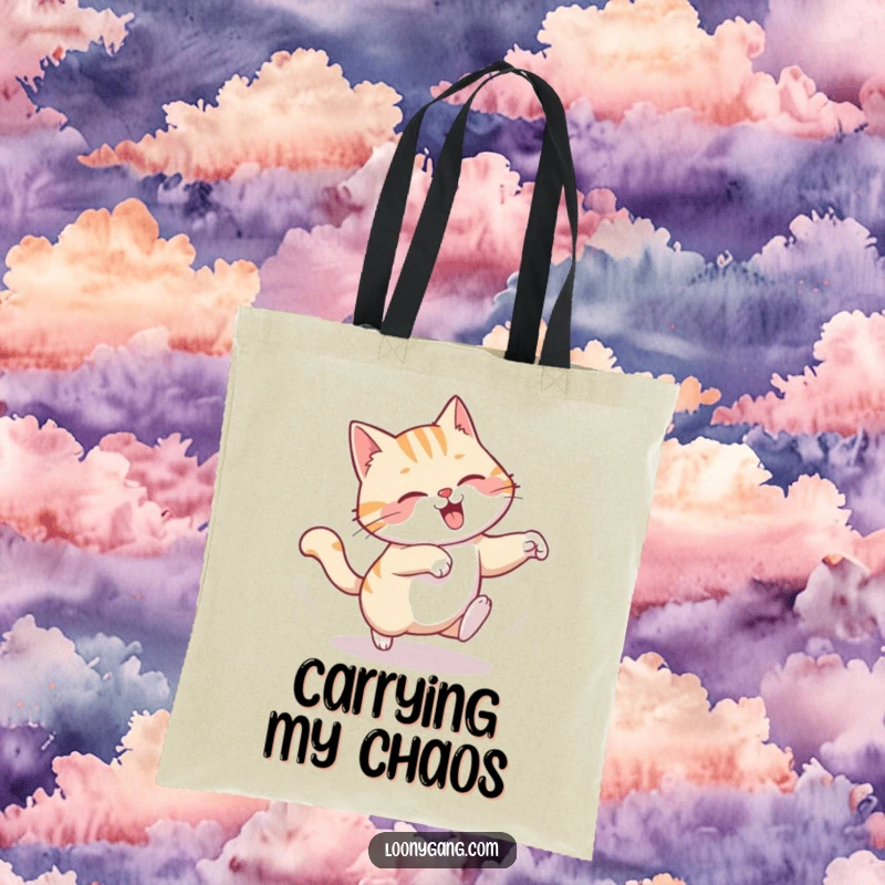 Funny tote bag depicting a chuckling cat in a dizzying spin, comically chasing its tail, perfect for daily use.