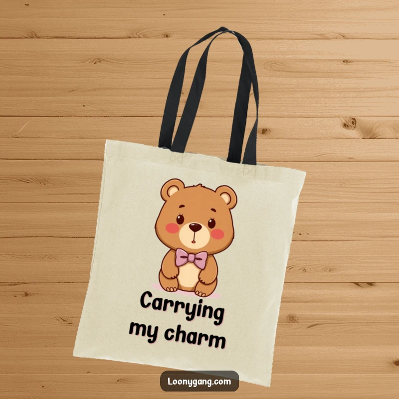 Funny bear cub tote bag with a cute brown bear wearing a comically lopsided bowtie, ready for everyday adventures.