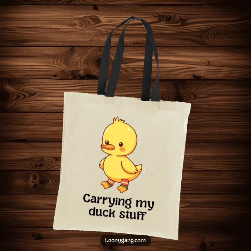 Funny bright yellow duckling tote bag featuring mismatched socks, perfect for anyone who appreciates quirky style and a touch of fun. A functional funny accessory.