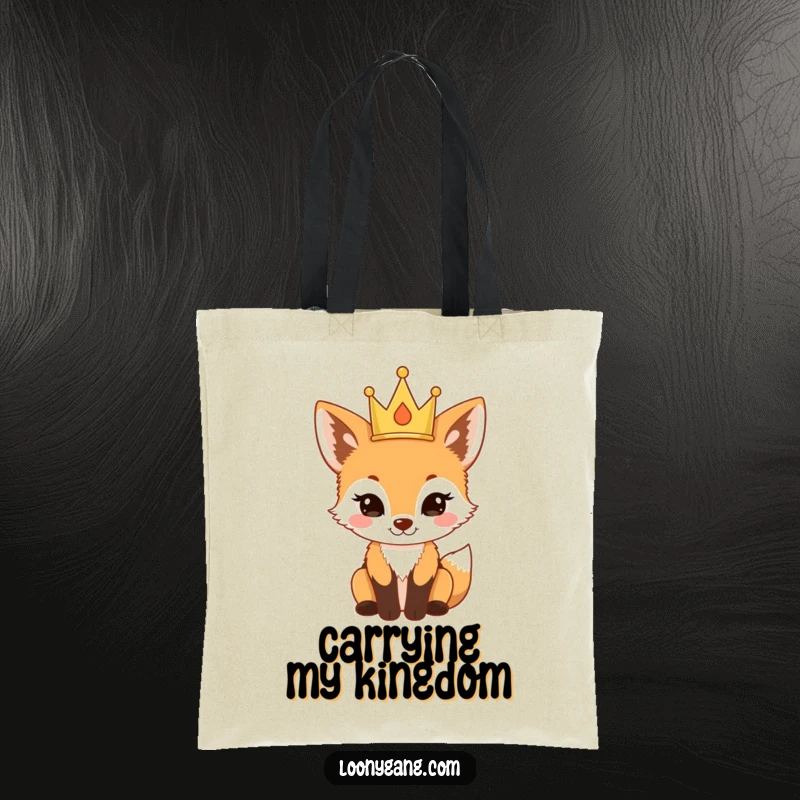 Funny fox cub wearing a small crown, looking proud on a tote bag, a stylish and funny gift.
