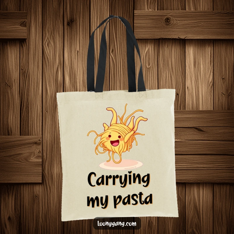 Funny Spaghetti Somersault Tote Bag showcasing a grinning spaghetti noodle mid-somersault, ideal for carrying items with a side of culinary comedy.