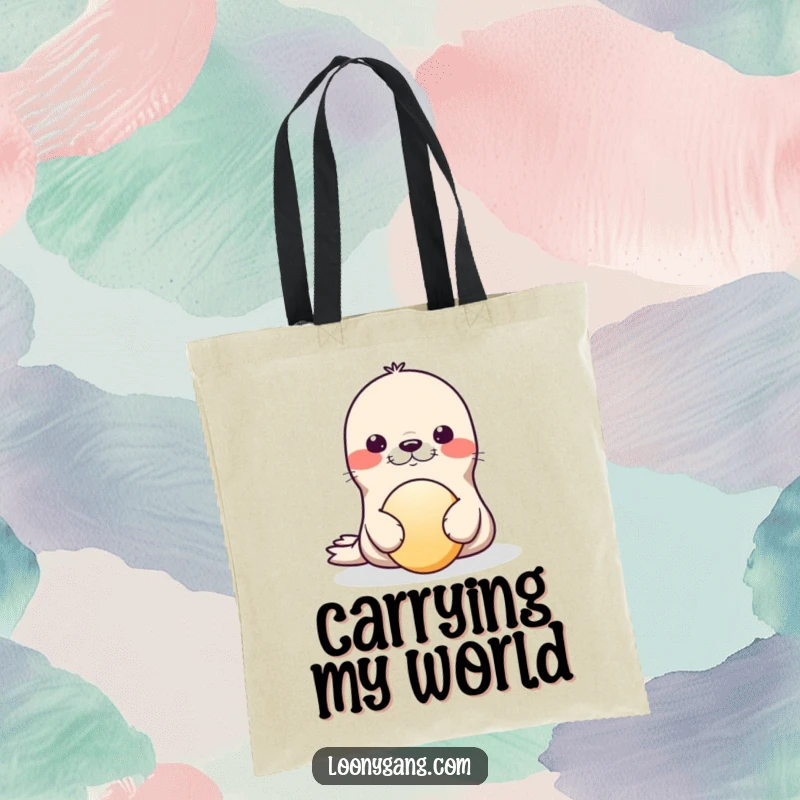 Funny Tote Bag illustrated with a seal artistically balancing a ball on its nose, wobbling precariously with a grin.