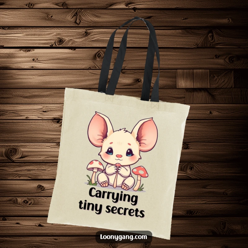 Funny creature tote bag with oversized ears listening intently to a tiny mushroom, perfect for carrying essentials with curiosity.