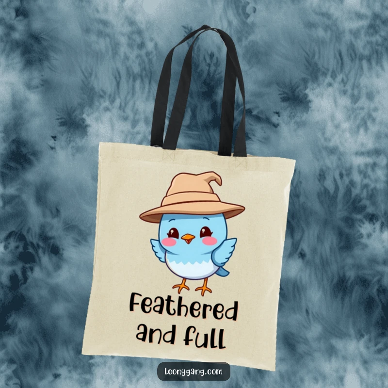 Funny blue bird tote bag designed with a smiling bird wearing a comically oversized and crooked hat, great for shopping and carrying humor. Perfect for eco-conscious and funny gift seekers.