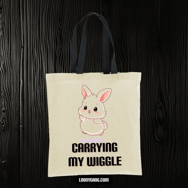 Funny bunny tote bag with a fluffy white rabbit doing an exaggerated wiggle hop, perfect for carrying joy and essentials.