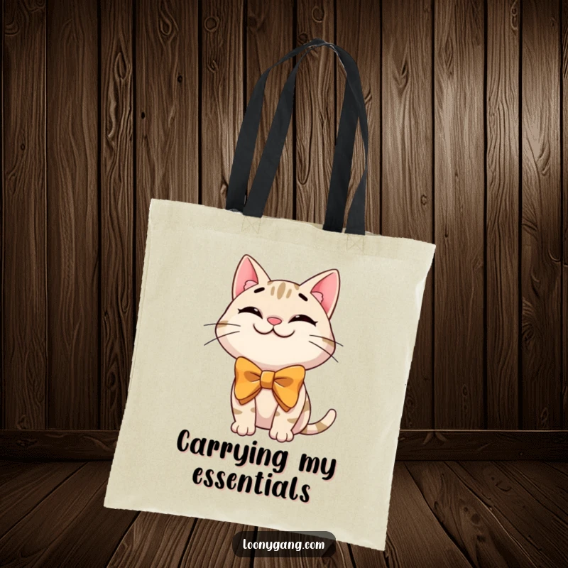 Funny cat bowtie tote bag showcasing a grinning cartoon cat with a large, silly bowtie, perfect for shopping or daily errands.