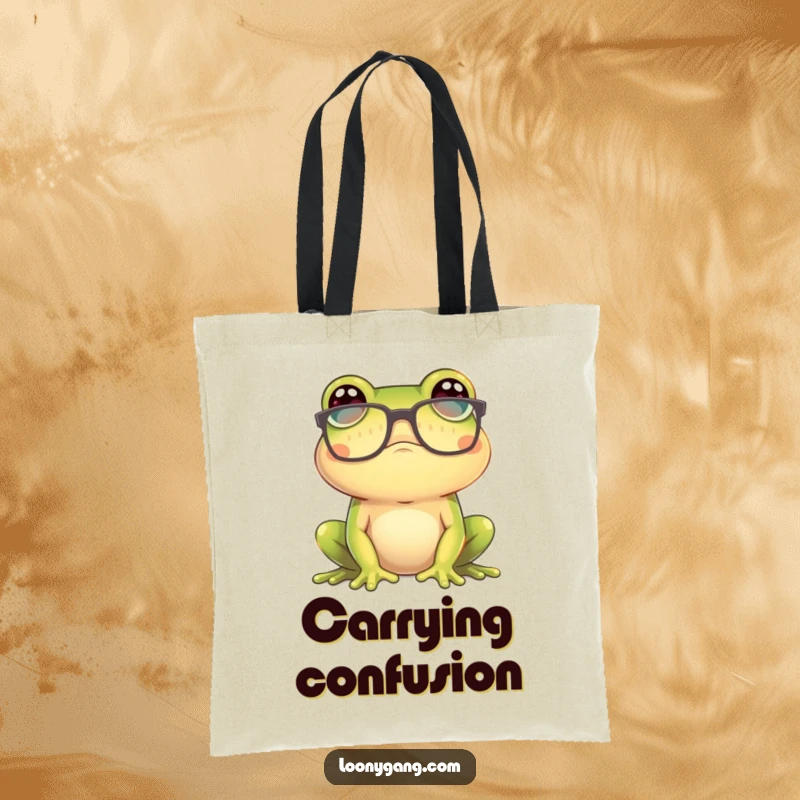 Funny frog wearing giant glasses looking confused on a tote bag, a humorous and practical funny gift.