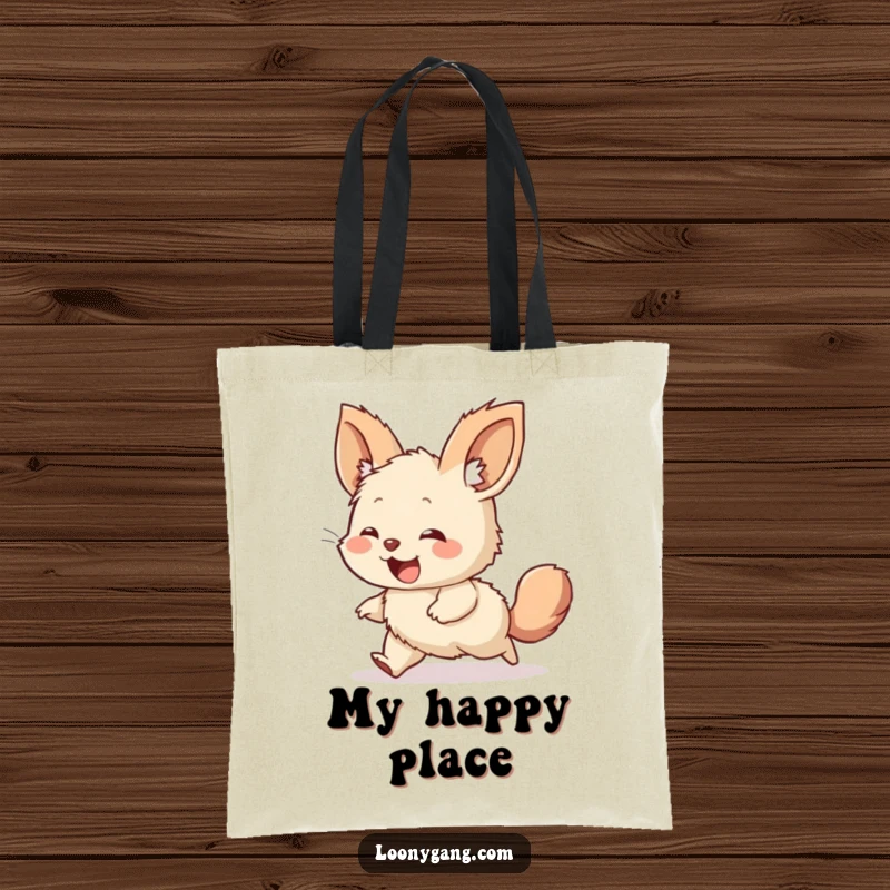 Funny tote bag depicting a giggling, furry creature with enormous ears, comically spinning while chasing its own tail with glee.