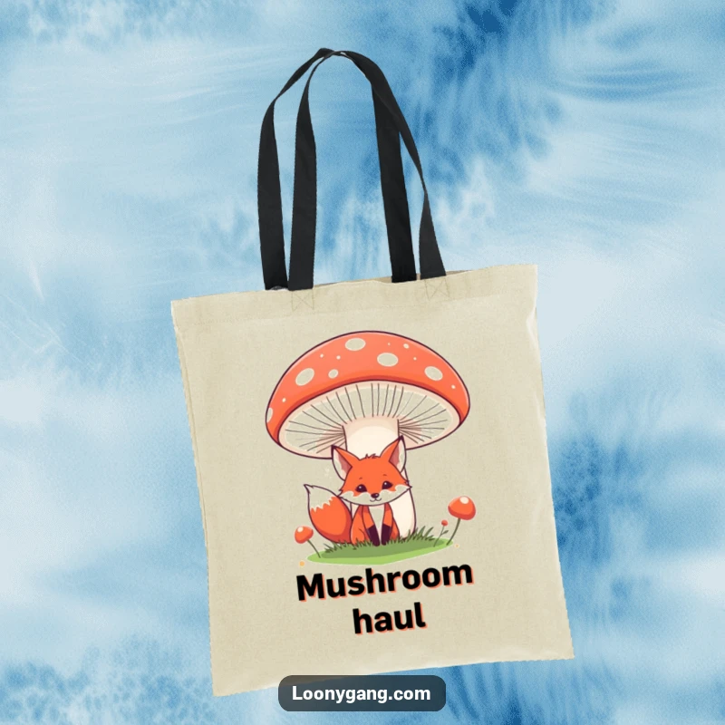 Funny fox tote bag designed with a sly red fox peeking from behind a large, comical mushroom, great for shopping and carrying humor. Perfect for eco-conscious and funny gift seekers.