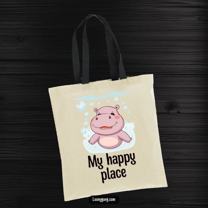 Funny giggling hippo blowing bubbles underwater on a stylish tote bag, a humorous and practical funny gift.
