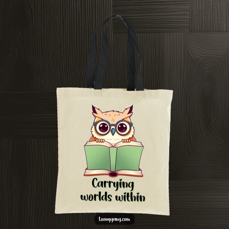 Funny tote bag featuring a studious owl with crooked glasses peeking over a large book, perfect for carrying books.