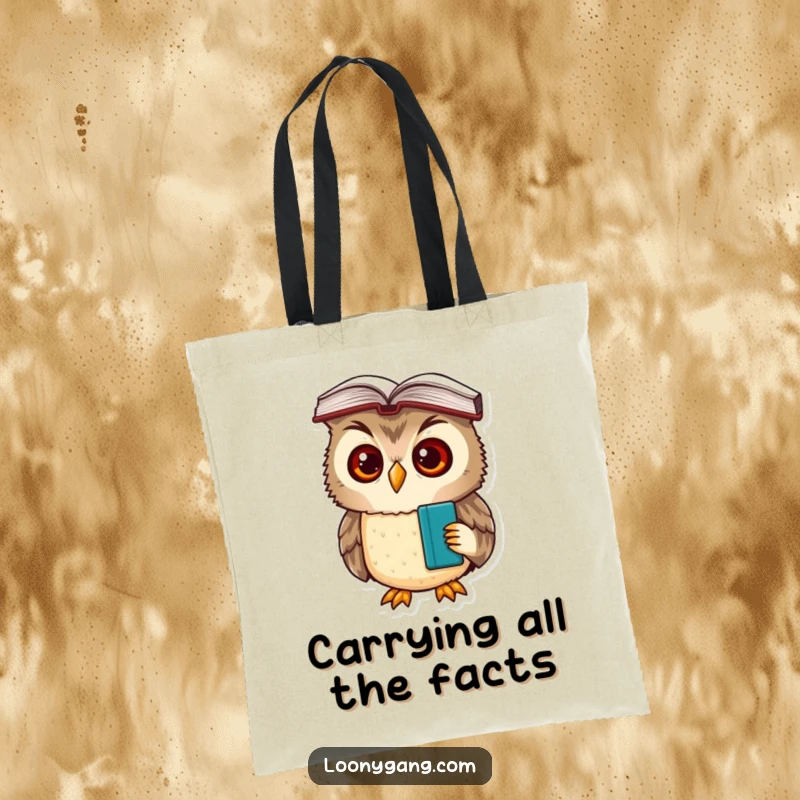 A durable tote bag featuring a funny, bewildered owl cub with a book balanced on its head, ready for academic pursuits.