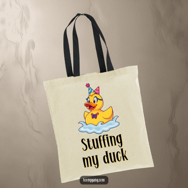 Funny rubber ducky party tote bag, a cheerful duck in a party hat, bouncing on waves, ready for adventures.
